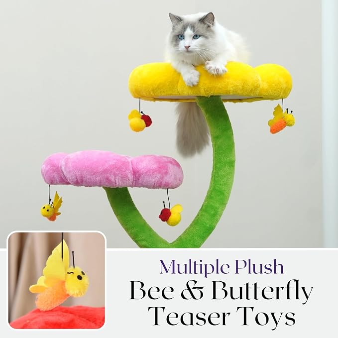 Catry Flower Cat Tree with Hideaway Condo, 3 Perches and Scratching Posts | Aesthetic floral cat condo tower for indoor cats, features durable sisal scratching posts, cozy plush flower beds & perches