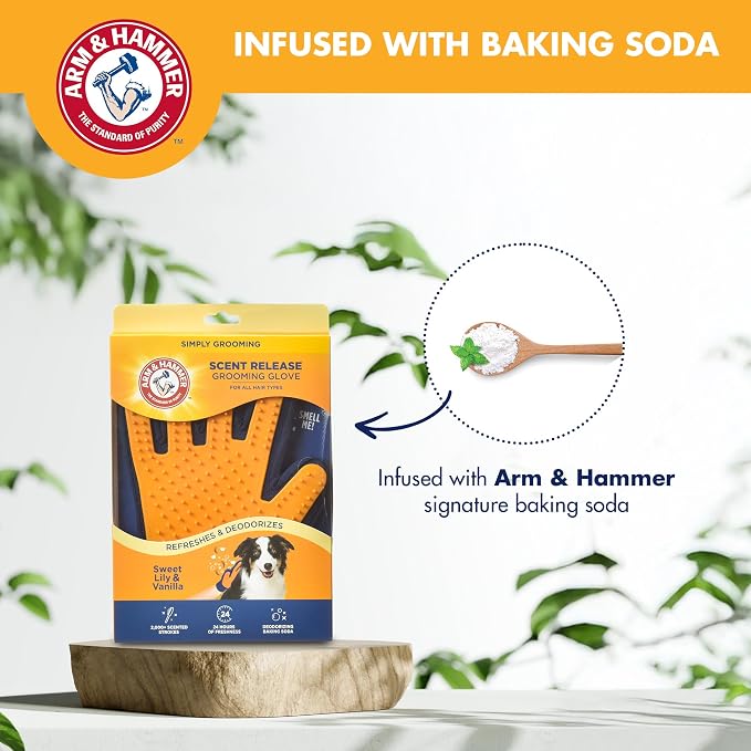 Arm & Hammer Deodorizing Dog Grooming Glove, Lily & Vanilla Scent | Fragrance transfer technology, baking soda infused, deshedding glove, for bathing and dry grooming daily