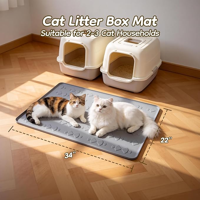 Large Silicone Cat Litter Box Mat 34" x 22", Waterproof & Urineproof | Litter Trapping Mat, Soft on Kitty Paws & Easy to Clean for Floor, Non-Slip Litter Pad for Indoor Cats