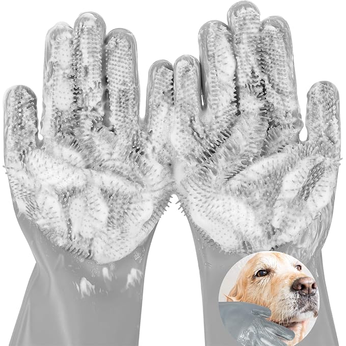 Pet Grooming Gloves, 5-Finger Silicone Dog Bath Scrubber with High-Density Teeth, Reusable Washing Massage Gloves for Dogs & Cats（Grey）