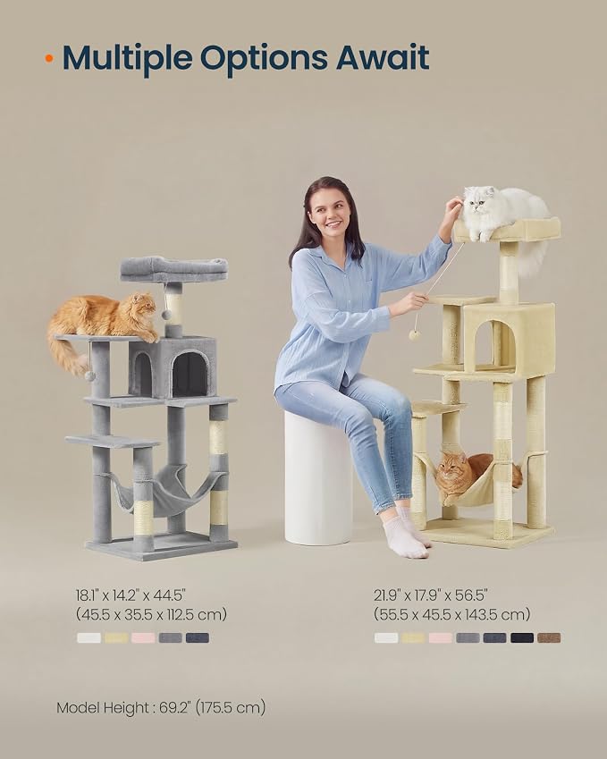 SONGMICS HOME Cat Tree for Indoor Cats, Multi-Level Cat Tower with Sisal Scratching Posts, Hammock and Condo, Beige