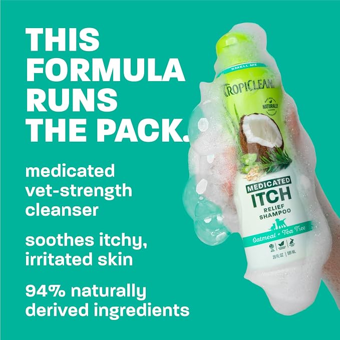 TropiClean Oatmeal Dog Shampoo, Medicated, 20oz | Soothing Medicated Formula | With Vitamin E | Itchy Skin Relief | Puppy & Cat Safe | Made in USA