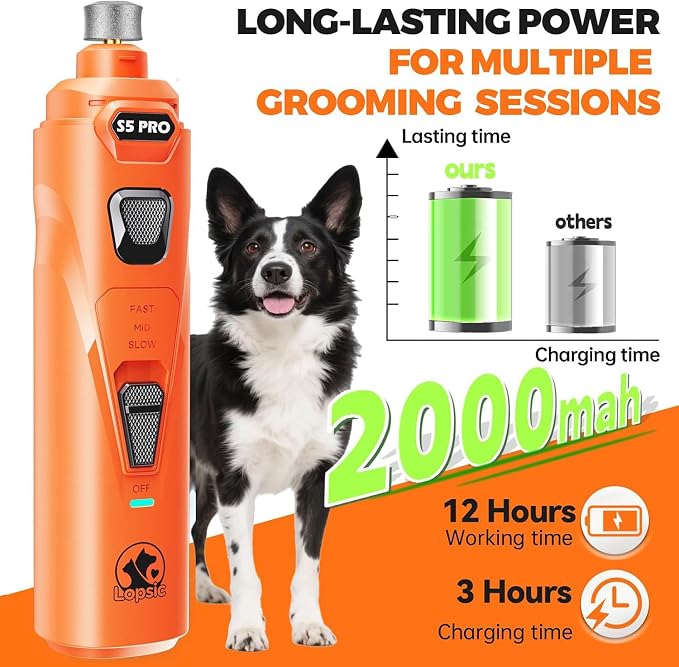Whisper Quiet Dog Nail Grinder Safe & Stress-Free for Sensitive Dogs Cats | 4 LED Lights,3 Grinding Bits, 3-Speed, Pet Nail Trimmers, Rechargeable Painless Grooming Kit for All Breeds & Sizes