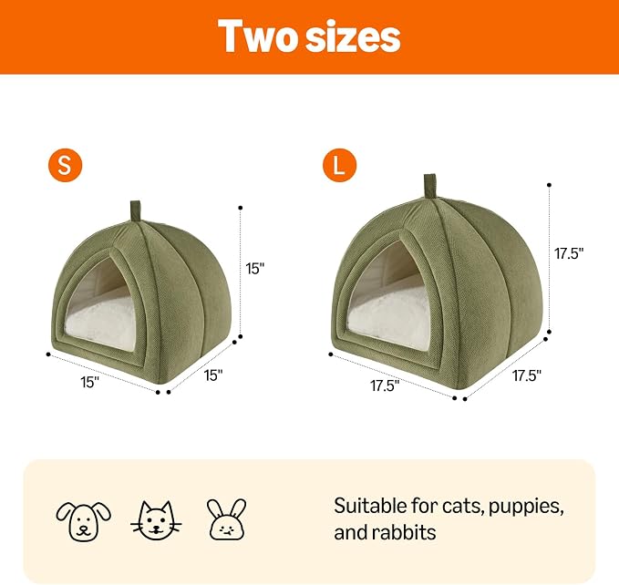 Amazon Basics Cat Cave Bed, 2-in-1 Foldable House for Indoor Cats, with Washable Cushion and Non-Slip Base, 15 x 15 Inches, Small, Green
