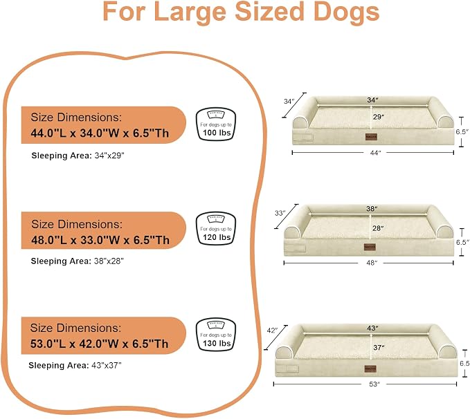NANUYA Orthopedic Dog Bed for XX-Large Dogs, 44 x 34 Inch, Beige | Egg crate foam for joint support, 3-sided bolster pet sofa, waterproof lining, washable cover, and non-skid base