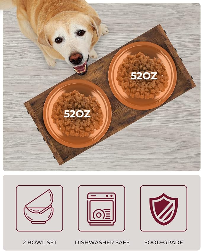 Elevated Dog Bowls, Adjustable Bowl Stand Large/XLarge, Rustic Brown | Particle Board Raised Dog Bowl Stand with 2 Stainless Steel Bowls for Large and Extra-Large Dogs