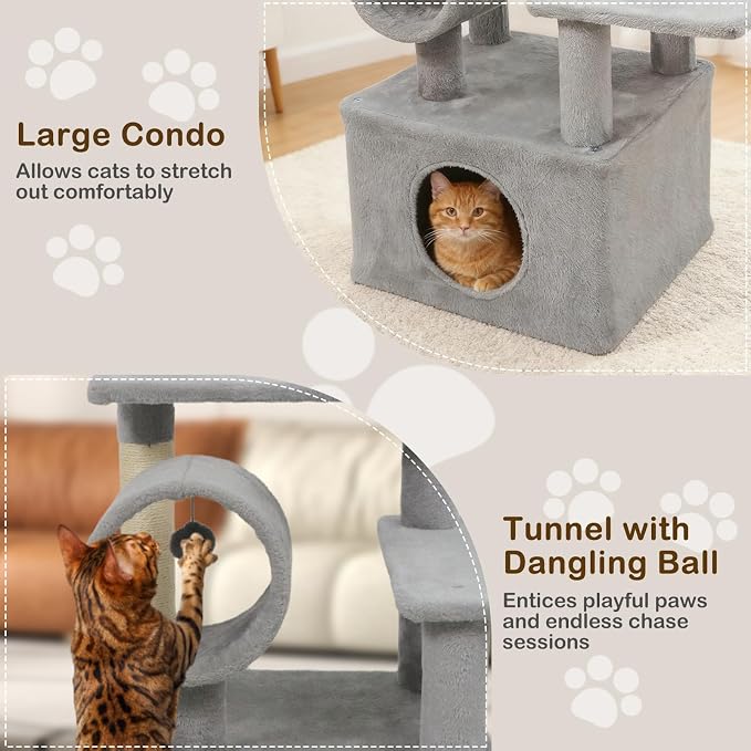 Multi-Level Cat Tree Tower, 48 Inches Tall with Sisal Scratching Posts, Condo, Tunnel with Dangling Ball Inside, Padded Top Perch, Multiple Jumping Platforms, Ideal for Indoor Cats (Grey)
