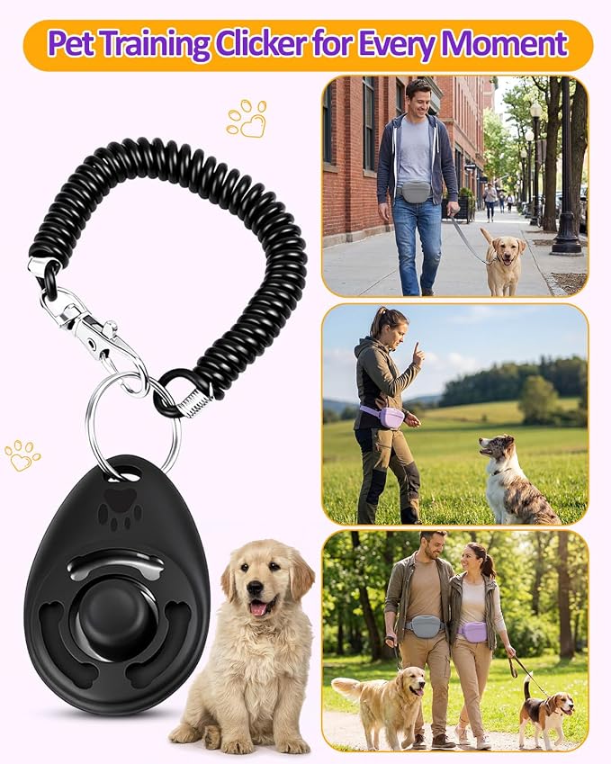 One-Hand Access 2-Pack Silicone Dog Treat Pouches with 2 Training Clickers - Magnetic Auto-Closing Lid, Extended Waist Belt, Pocket-Sized for Walks