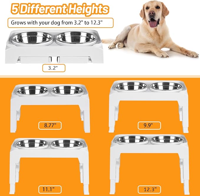 Elevated Dog Bowls with 2 Stainless Steel Food & Water Raised Bowls with No Spill Edge Non-Slip Stand Adjusts to 5 Heights(3.2", 8.77", 9.9",11.1", 12.3") for Small Medium Large Dog and Pet White