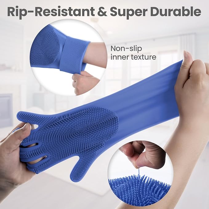 DELOMO Large Silicone Pet Grooming Gloves Dog Washing Gloves, 1 Pair Blue | 3000 Soft Silicone Bristles, 5-Finger Flexible, Massages & Removes Fur, Non-Slip, Easy Clean, for Dogs/Cats/Horses
