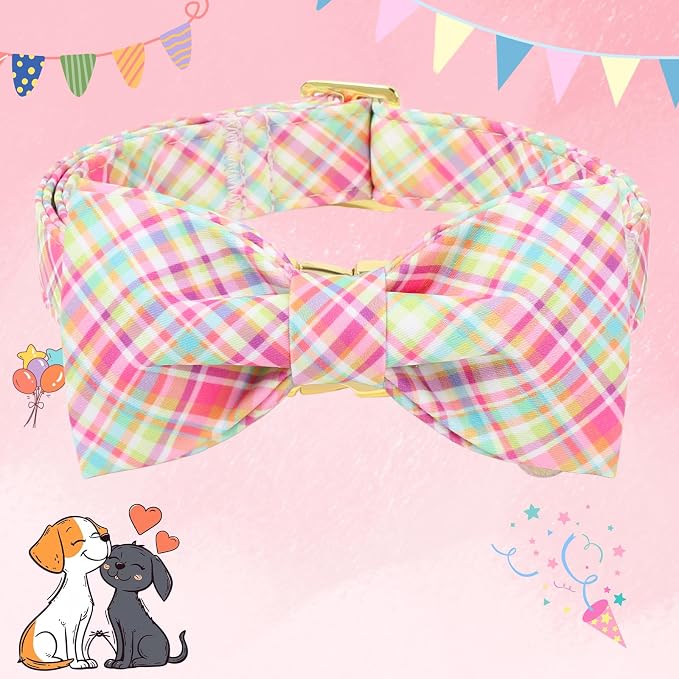 DOGWONG Easer Dog Collar with Bow,Colorful Plaid Dog Collar, Adjustable Durable Soft Easter Dog Collars for Male Female Puppy,XS