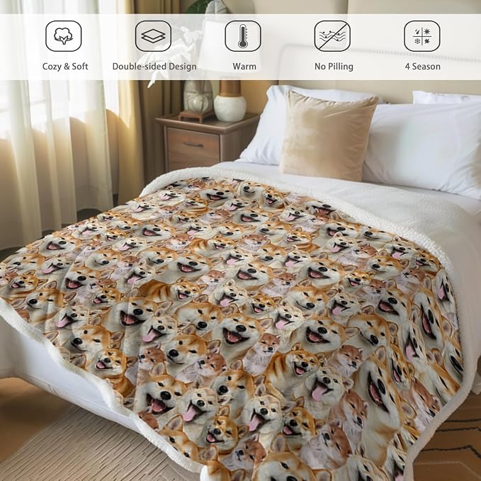 BlessLiving Fuzzy Dogs Blanket for Kids Adults Cute Puppy Fleece Blanket Reversible Animal Pattern Sherpa Throw (Shiba Inu,Throw, 50 x 60 Inches)