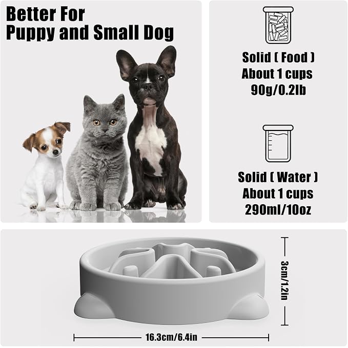 Slow Feeder Dog Bowls Small Breed, Dog Food Bowl Small Anti-Choking Bloat Stop Puzzle Healthy Eating Bowl (Gray, 1 Cup)