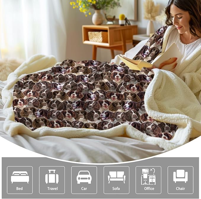 BlessLiving English Springer Spaniel Throw Blanket for Women Kids, Fuzzy Warm Fleece Couch Throws, Animal Dogs Printed Sherpa Blanket Plush House Warming Decor Gifts (50"x60")