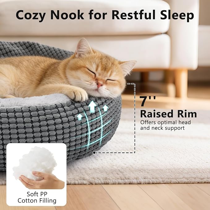Small Dog Bed with Attached Blanket, Cozy Donut Cuddler Anti-Anxiety Hooded Pet Beds Calming Cave Bed. Orthopedic Round Puppy Beds for Dogs or Cats Washable, Anti-Slip Bottom, 23inch