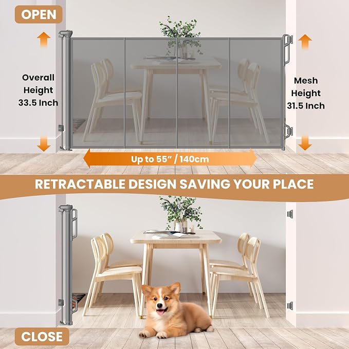 SPACEANY Reinforced Retractable Baby Gate, Mesh Dog Gate, Child Safety Gate for Doorways, Stairs, Hallways, Indoor/Outdoor, Wide Openings -33.5" Tall, Width up to 55" Gray