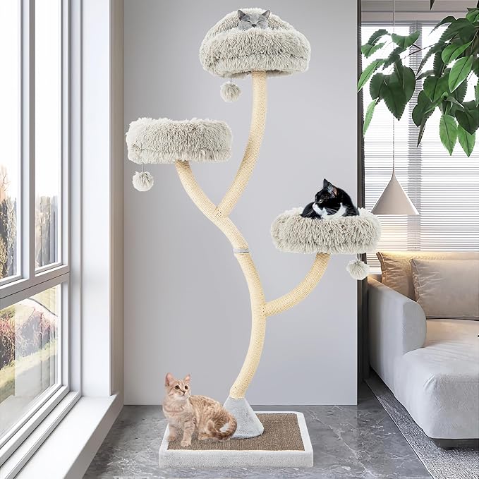 70" Tall Cat Tree, Cat Tower with Scratching Posts and Board, Multi-Level Cat Tower for Large Cats 20 lbs+ with 3 Cozy Perches and Dangling Balls, Modern Cat Tree for Indoor Cats Large Adult