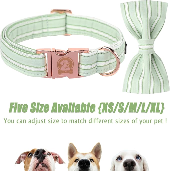 Green Dog Collar with Bowtie, Cute Pet Collar for Girl Boy Female Dogs, Adjustable Cotton Puppy Collar with Metal Buckle for Large Dogs