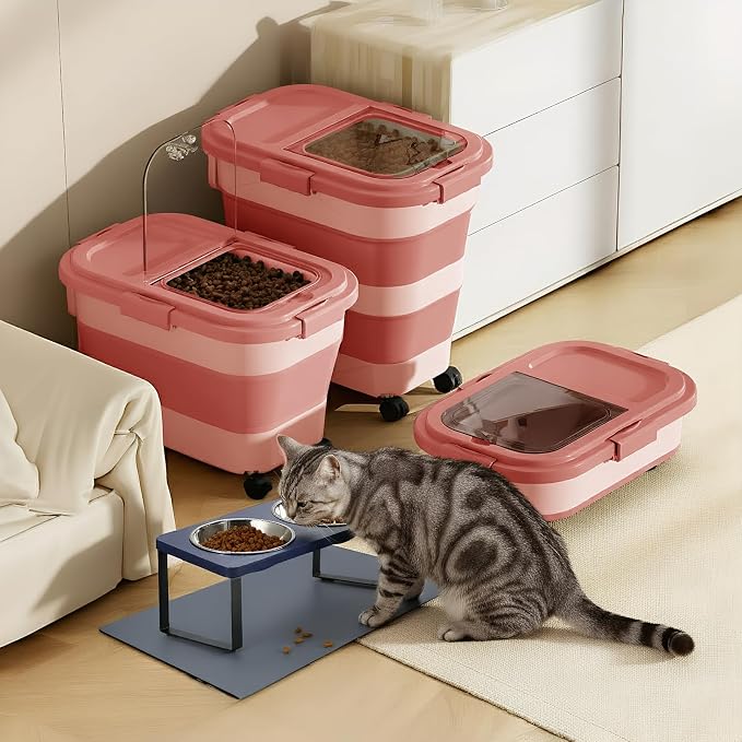 Summark 15 Lbs Dog/Cat Food Storage Container,Collapsible Food Storage Containers with Rolling Wheel Airtight Locking Lid,Pet Food Storage Container with Cup and Scoop,Pink
