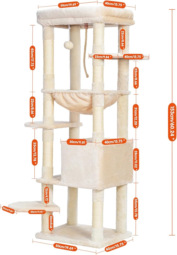 Heybly Cat Tree for Large Cats, 20lbs Heavy Duty, 60 inches HCT050M | Cat Tower for Indoor Cats with Big Padded Plush Perch, Multi-Level Furniture Condo with Cozy Basket, Beige