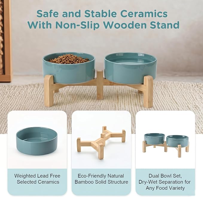 SPUNKYJUNKY Elevated Dog Bowls Ceramic, 5.1'' Dogs and Cat Food Water Bowls Raised with Non-Slip Bamboo Stand for Puppy Small Sized Breed Microwave Dishwasher Safe - 13.5 OZ,Dark Green