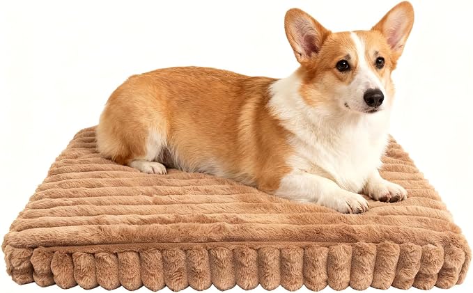 Dog Crate Bed Khaki 34.6"x22.8" | Flat Dog Crate Bed Waterproof for Meduim Large Dogs Pet Beds with Plush Removable Washable Cover Anti Slip Bottom for Indoor