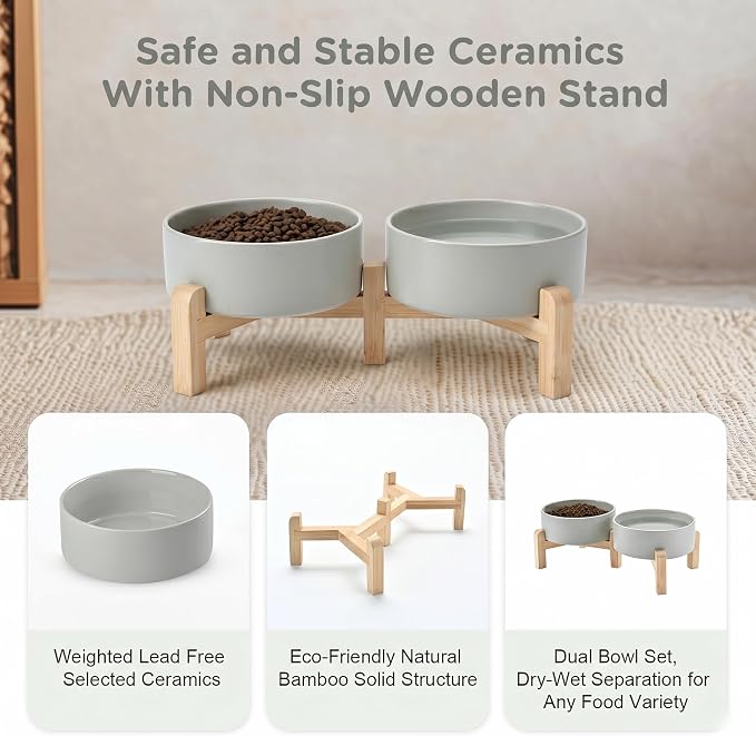 SPUNKYJUNKY Elevated Dog Bowls Ceramic, 5.1'' Dogs and Cat Food Water Bowls Raised with Non-Slip Bamboo Stand for Puppy Small Sized Breed Microwave Dishwasher Safe - 13.5 OZ,Grey