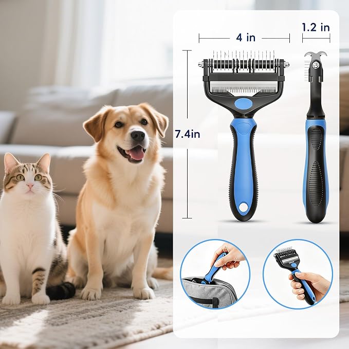 Deshedding Dog Brush, Undercoat Rake for Cats & Dogs, Pet Pro Grooming Tool | 3-in-1 Non-Slip Handle, Effectively Removes Mats Tangles & Loose Fur, Reduces Shedding for Long Short Hair Pets, Blue