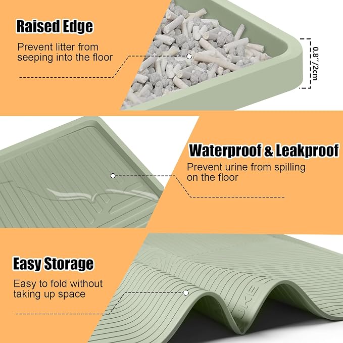 Silicone Cat Litter Mat 50" x 36" Cat Mat for Litter Box, Green | Extra Large Cat Litter Trapping Mat for Floor, Waterproof, Non-Slip Kitty Litter Box Mat with Raised Edge, Easy to Clean