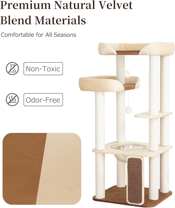 53'' Cat Tree for Large Cat, Modern Senior Friendly Cat Tower with Wide Shelves Low Step, Cotton Scratching Posts, Super Sturdy Base, Cozy Perches, and Interactive Toys (White)