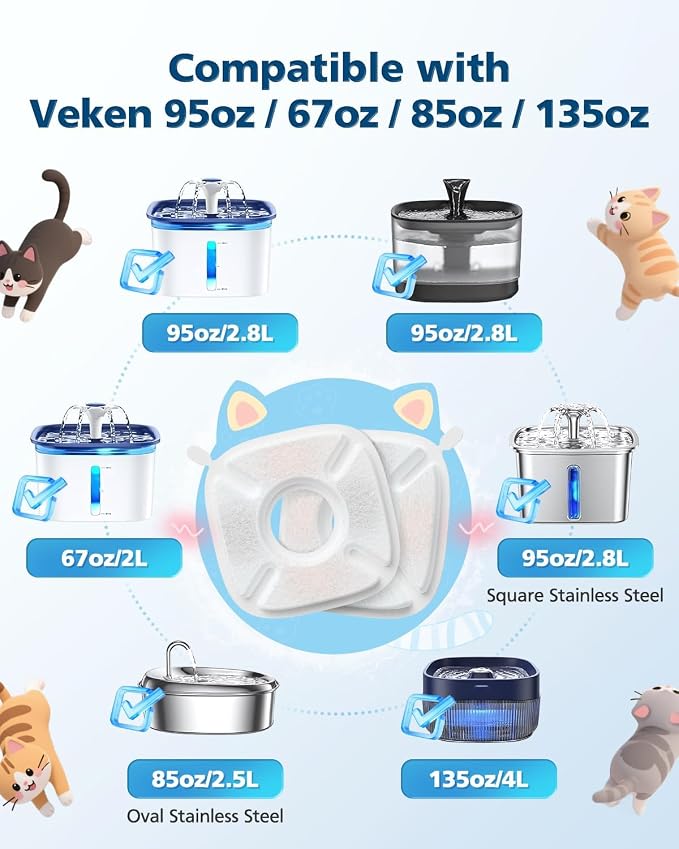 50 Pcs Cat Water Fountain Filters for Veken 95oz/2.8L, 67oz, 135oz Dog Water Fountain Automatic Pet Fountain Dog Water Dispenser 25Pcs Pet Fountain Filter Replacement & 25Pcs Pre-Filter Sponges