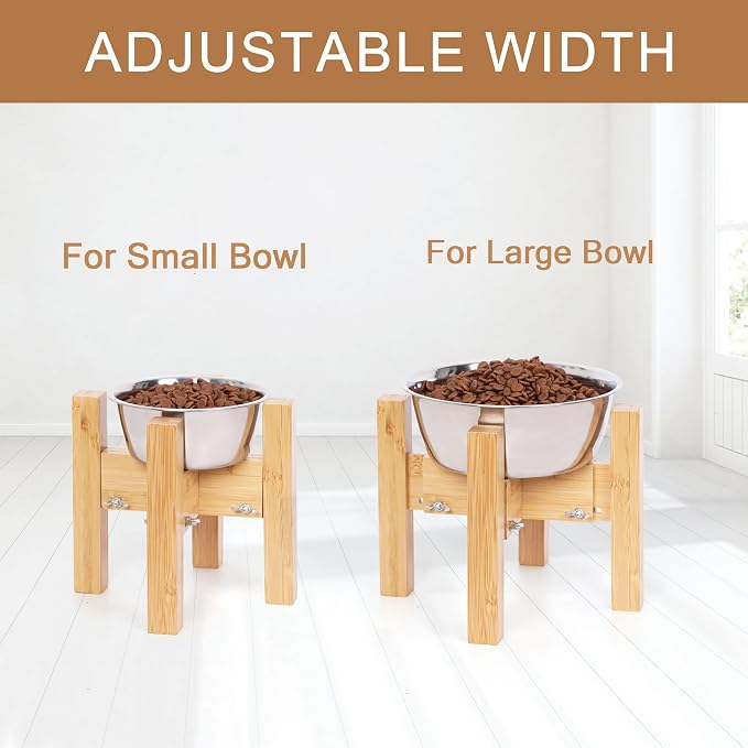 Elevated Dog Bowl Stand Adjustable Dog Food Holder 7”H Small Bamboo | Raised Stand, for Small Dogs, Fits 6”-8” Bowls, Single Bowl Holder, Natural Bamboo, Solid, Classic