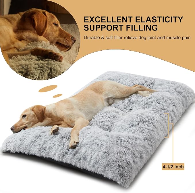 BFPETHOME Dog Bed for Large Dogs, Plush Kennel Pad for Sleeping &Ease Anxiety, Washable Mats with Anti-Slip Bottom - 48 x 28 inch, Grey