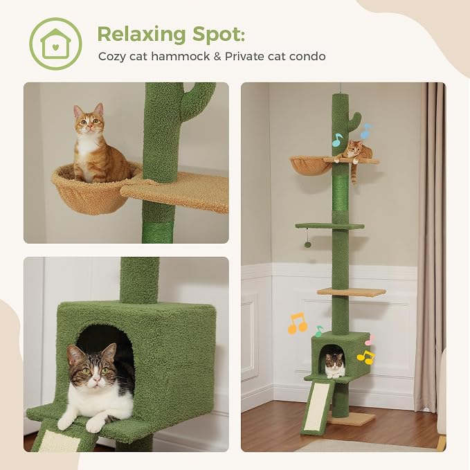 PEQULTI Floor to Ceiling Cat Tree, Adjustable 83-108in 5-Level Tower, Green | Tension-mounted tall cat tower with 5 levels, cozy condo, hammock & sisal scratching post; wide base for indoor adult cats