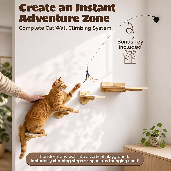 Snuggle & Play Cat Wall Shelves & Climbing System – Modern Furniture Set with 3 Steps & Perch for Indoor Cats, Includes Wand Toy