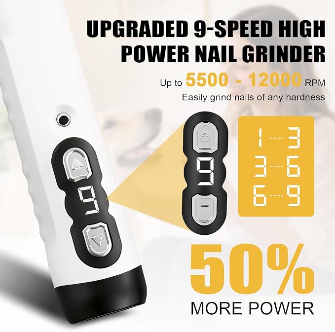 Quiet Dog Nail Grinder Clippers, 9-Speed Pet Nail Trimmer with LED | Low noise, Safety sensor guard, 2 LED lights, USB rechargeable, Professional grooming, Sensitive paws, Dogs cats all breeds