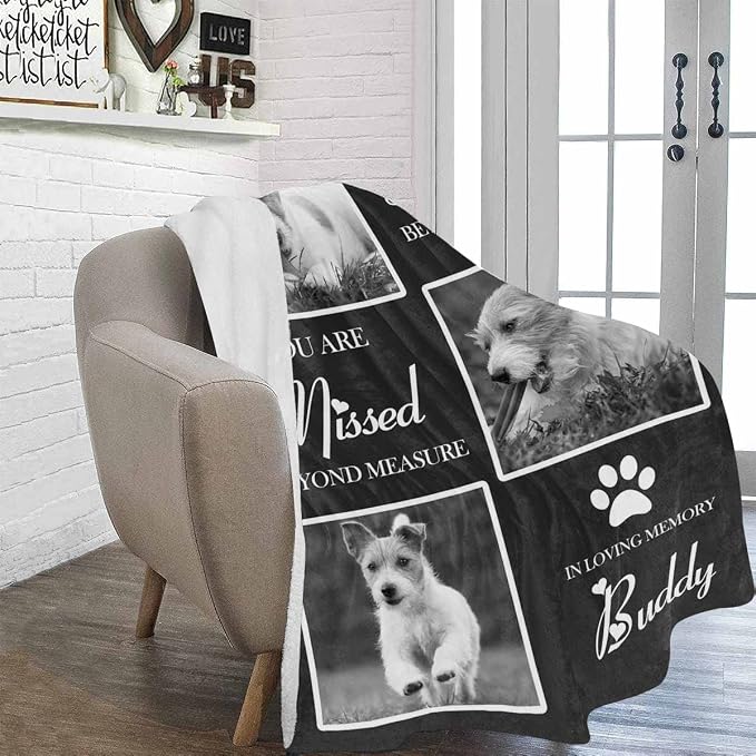 Artsadd Custom Memorial Blanket with Photos and Name-in Loving Memory Gifts Personalized for Loved Ones Lost-Remembrance Blankets for Dogs Cats Pets Lover-Black