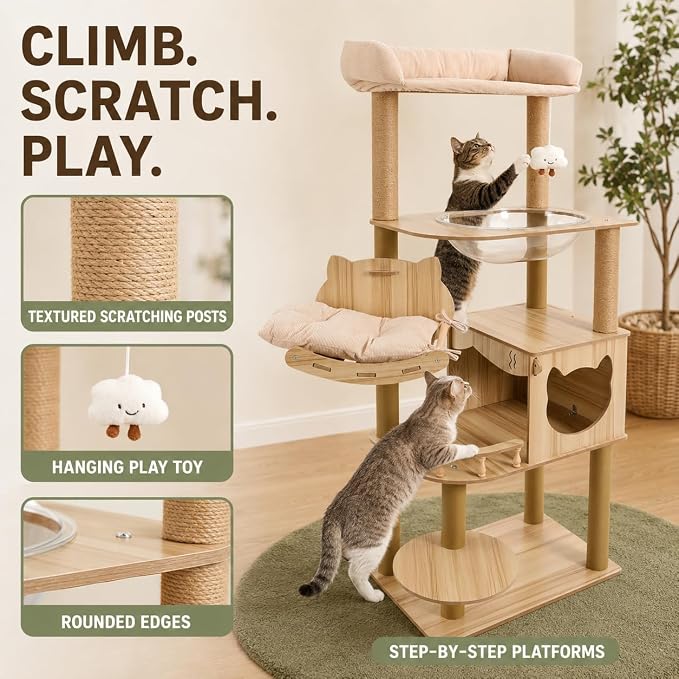 Multi-Level Cat Tree for Indoor Cats, Wooden Cat Tower with Cat House, Scratching Posts, Hammock and Platforms, Natural Wood Cat Furniture
