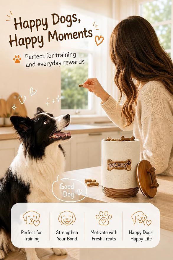 Miamolo Airtight Dog Treat Container, Dog Food Storage Container, Ceramic Dog Treat Jar with Wood Lid and Handle, Pet Treats Canister for Countertop, Farmhouse Gift for Dog Lovers, Bone Glinting White