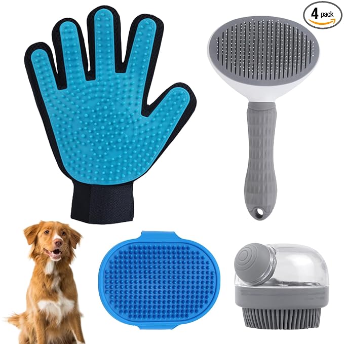 4Pcs Dog Shower Grooming Kit,Soft Silicone Pet Shampoo Massage Dispenser Grooming Shower Brush,Adjustable Soothing Rubber Brush,Self-Cleaning Slicker Comb,Gentle Deshedding Brush Glove for Cats & Dogs