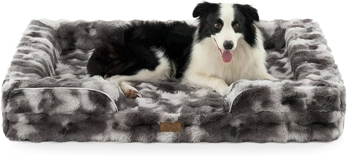 COZY KISS Orthopedic Dog Bed for Extra Large Dog, Soft and Warm Faux Fur Sofa for Giant Pet Up to 150 lbs, Foam Bolster Anti-Slip Couch with Washable Removable Cover, XXL 48x35x8 inch, Tie Dye Grey