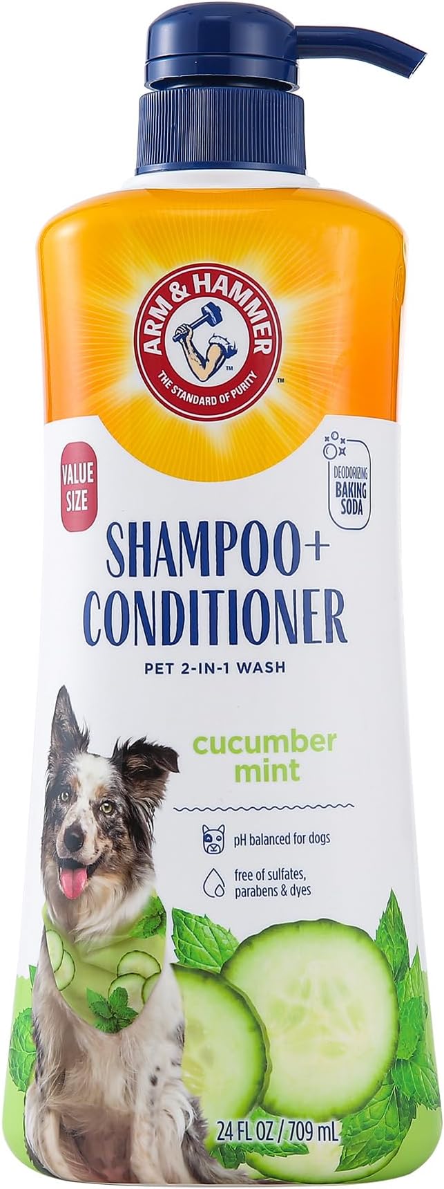 Arm & Hammer 2-in-1 Dog Shampoo & Conditioner, Cucumber Mint, 24 Fl Oz | Baking soda odor eliminating formula, pump dispenser included, value size, for daily grooming routine