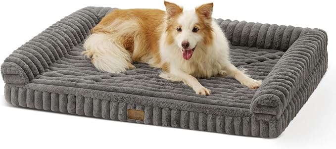 COZY KISS Ultra Soft Faux Rabbit Fur Dog Bed for Large Dogs – 44"x32" Orthopedic Foam Couch, Removable Washable Cover & Waterproof Lining, Grey