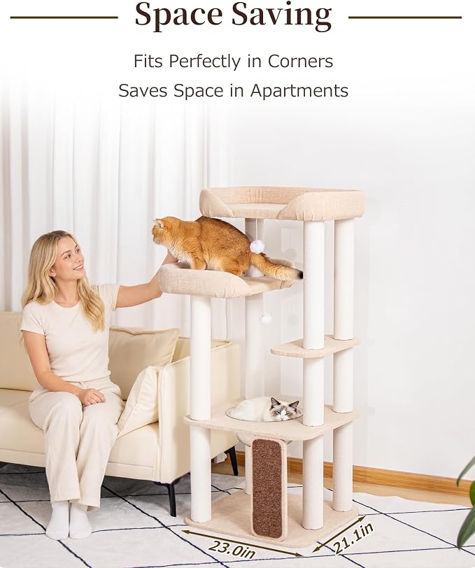 53'' Cat Tree for Large Cat, Modern Senior Friendly Cat Tower with Wide Shelves Low Step, Cotton Scratching Posts, Super Sturdy Base, Cozy Perches, and Interactive Toys (Ivory)