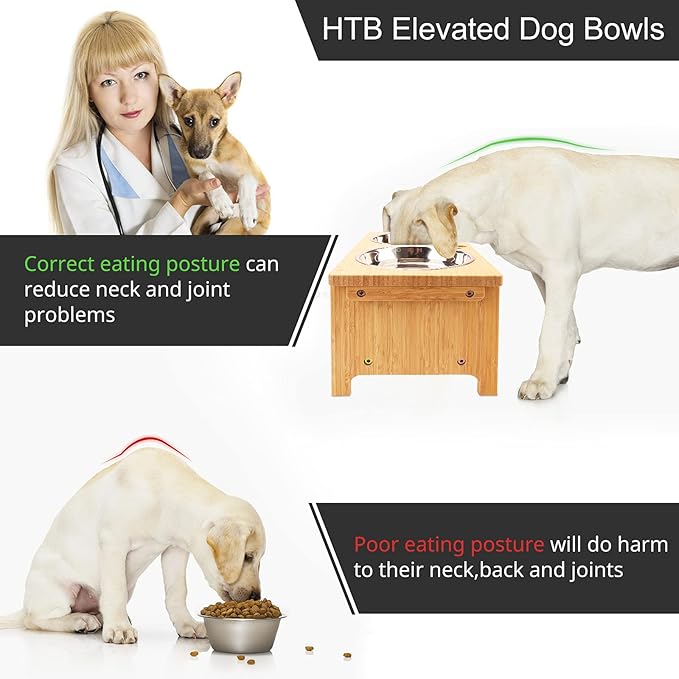 HTB Elevated Dog Bowl Stand with 2 Stainless Steel Bowls-7" H Medium Bamboo | Raised Dog Bowl Stand, 7"tall, 29 Oz Bowls, for Medium Sized Dogs, Pet-safe, Solid Bamboo