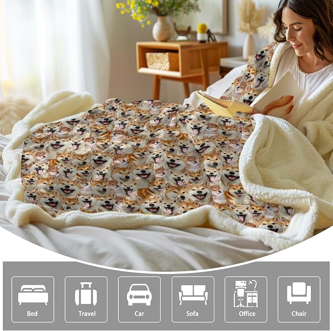 BlessLiving Fuzzy Dogs Blanket for Kids Adults Cute Puppy Fleece Blanket Reversible Animal Pattern Sherpa Throw (Shiba Inu,Throw, 50 x 60 Inches)