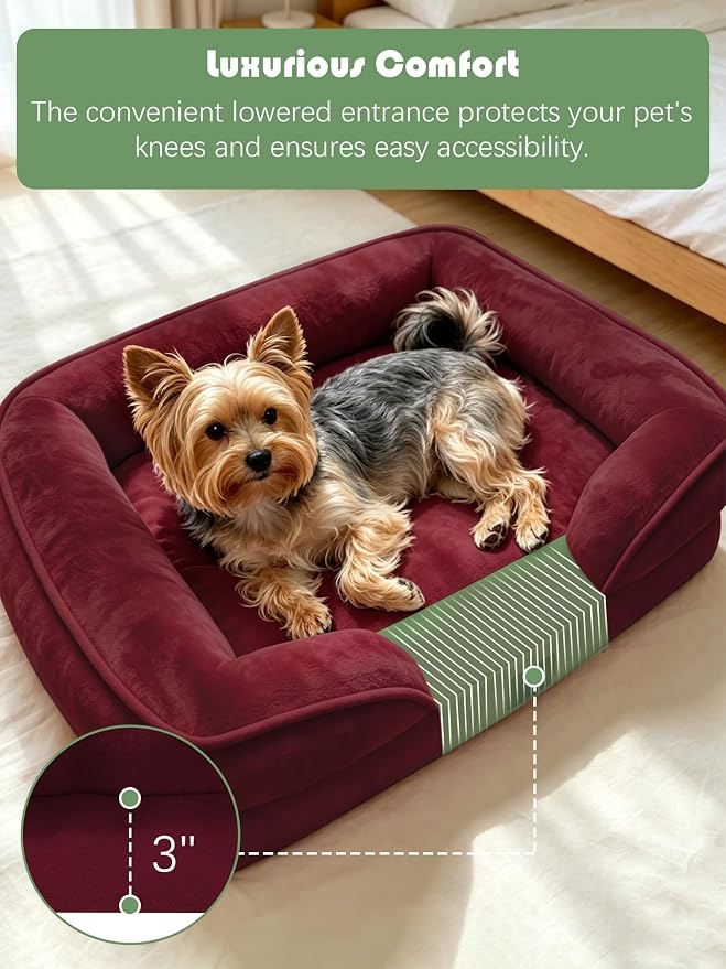 Spotted Play Orthopedic Dog Bed with Sides - Sofa Beds for Small Dogs, Supportive Foam Pet Couch Bed with Washable Removable Cover, Waterproof Lining and Non-Slip Bottom, Burgundy - S