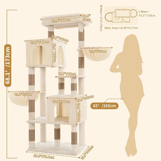 Heybly 68.1" Cat Tree with Oversized Top Platform & Wide Base HCT059MJ | Heavy Duty Cat Tower for Large Indoor Cats with 2 Condos, 2 Hammocks, 10 Sisal Scratching Posts, Stable Cat House, Beige