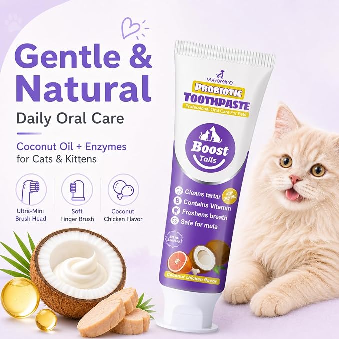 Cat Toothbrush & Toothpaste Kit, Soft & Finger Brushes, 2.5oz | Tiny Teeth Care. Finger-Fit Control. Coconut Chicken Flavor. Easy Brushing for Cats & Kittens. Daily Use.