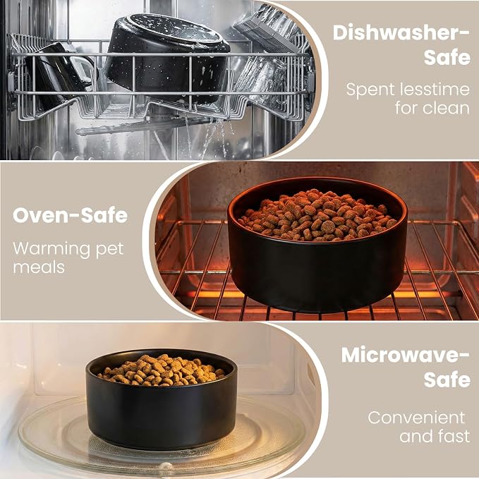 hjn Elevated Ceramic Dog Bowl with Bamboo Stand, Raised Pet Feeding Station for Small Medium Dogs Cats, Modern Design with Anti-Slip Base (Black, 7.6Cup)